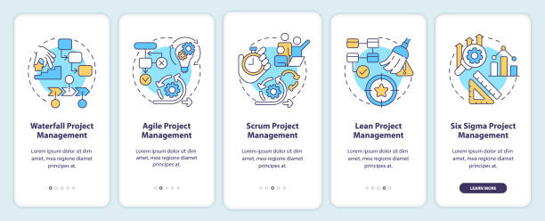 Project management styles blue onboarding mobile app screen Project management styles onboarding mobile app screen. Business walkthrough 5 steps editable graphic instructions with linear concepts. UI, UX, GUI template. Myriad Pro-Bold, Regular fonts used agile workflow stock illustrations