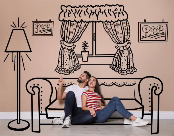 istock Happy couple dreaming about renovation on floor. Illustrated interior design 1423012980