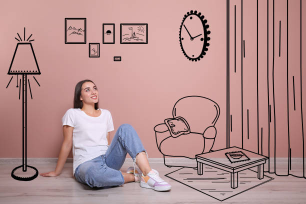 istock Young woman dreaming about renovation on floor. Illustrated interior design 1423013076