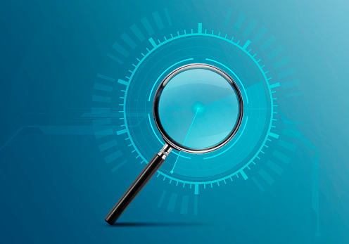 Magnifying glass and documents with analytics data lying on table , and digital virtual reality graph