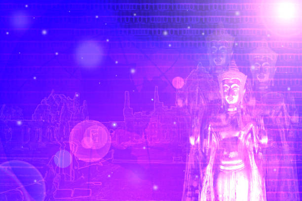 Buddha image with colorful lights in concept of metaverse for background.