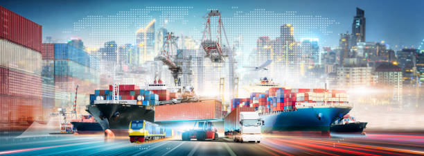 istock Global Business Network Distribution and Technology Digital Future of Cargo Containers Logistics Transport Concept, Double Exposure of Freight Ship, Modern Futuristic Transportation Import Export 1423015383