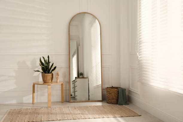 istock Beautiful mirror and plants near white wall indoors. Interior design 1423016792