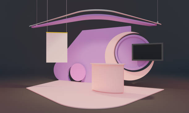 istock Exhibition stand design, Circle motif in violet booth mock-up, Hanging banner, 3D rendering 1423018920