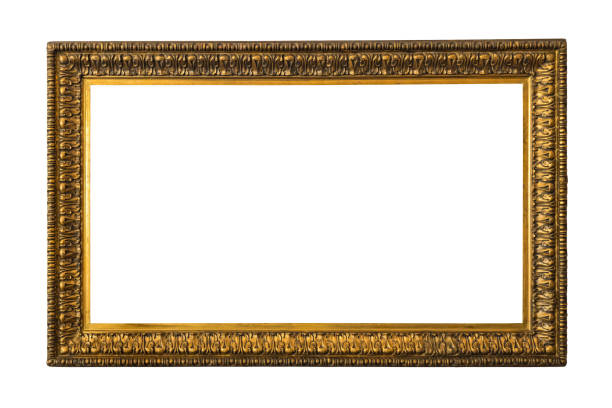 cornice in legno antico per dipinti o fotografie con doratura, isolata su fondo bianco. - picture frame frame wood photograph foto e immagini stock