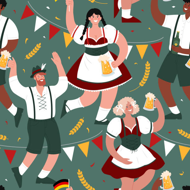 옥토버 페스트. 맥주 축제. 다양한 사람들의 원활한 벡터 패턴. - oktoberfest germany munich bavaria stock illustrations