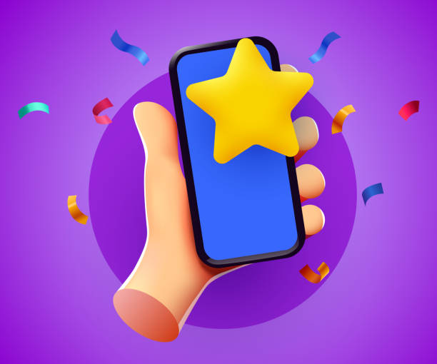 illustrations, cliparts, dessins animés et icônes de l’utilisateur met une excellente note dans l’application mobile. mains de dessin animé avec smartphone et étoile de classement. - ranking winning number 1 rank