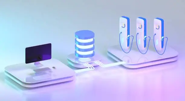 Photo of EV charging management software, remote control from computer or app, data integration in system, api web interface and backend. Isometric database server with charge stations and pc