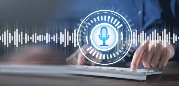 istock Voice assistant concept with a male hands typing in keyboard. 1423021418