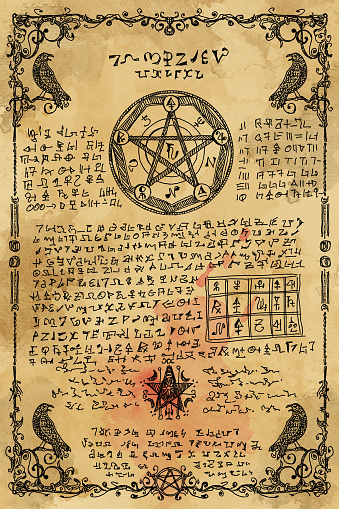 Digital Illustration hand drawn. Witchcraft old book with magic spell, wicca and mystic symbols. Vintage Gothic, esoteric and occult old pages, with fantasy letters. Ritual magic Pentagram sigil occult frame on old papyrus background.