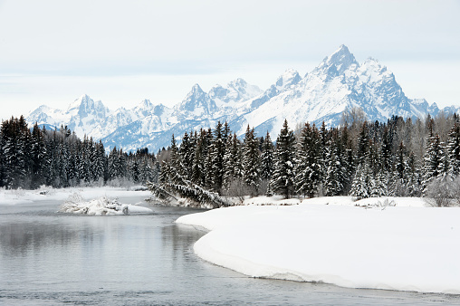 View of Teton range across bay not open for season in  Wyoming's Yellowstone Ecosystem in west USA, North America.