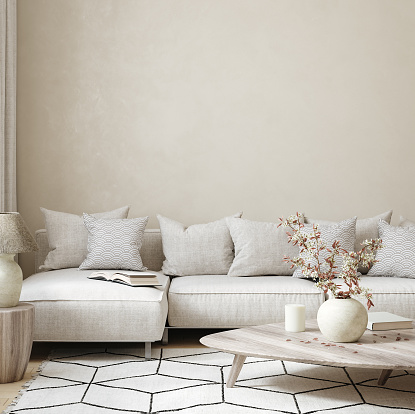 Home mockup, beige room with natural wooden furniture, Scandi boho style interior background