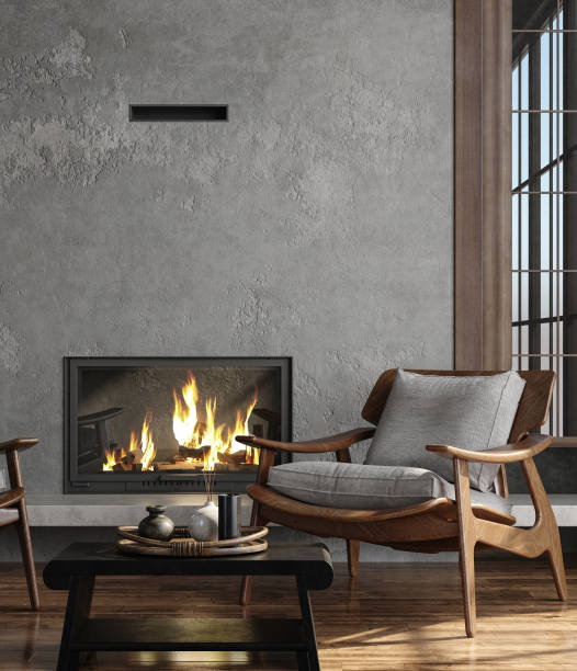 Dark living room loft with fireplace, industrial style