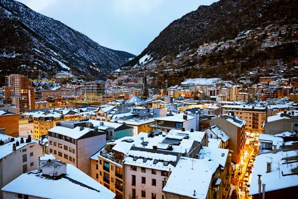 Winter at Andorra la Vella, City Center, capital city of Andorra in the Pyrenees.