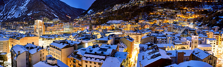 Aerial view of winter in  Andorra la Vella at dusk.