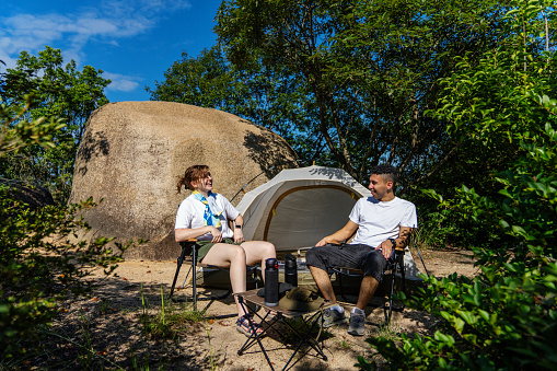 Millennial-aged couple enjoying nature and camping while traveling in Japan