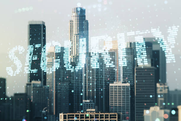 istock Virtual cyber security creative concept on Los Angeles city skyline background. Double exposure 1423028535