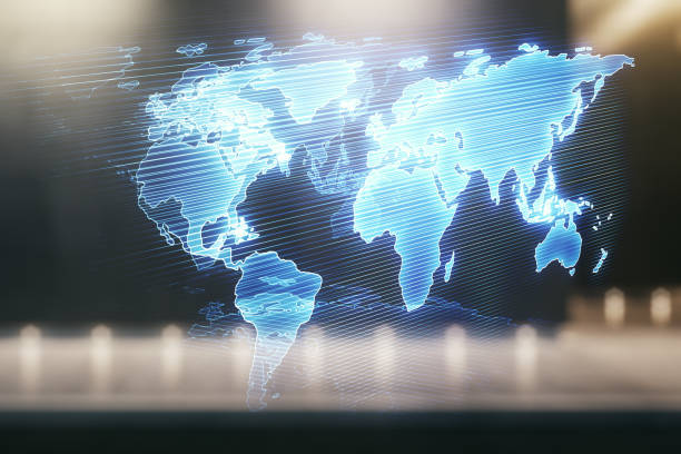 istock Multi exposure of abstract creative digital world map hologram on blurry modern office building background, tourism and traveling concept 1423028694