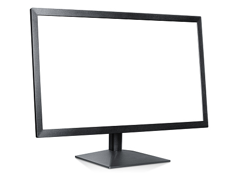 computer monitor standing half sideways with copy space on white isolated background