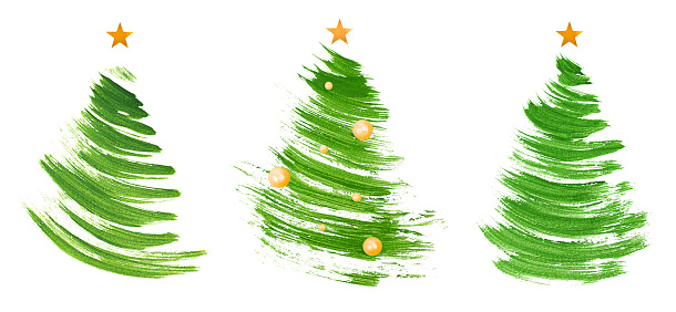 three different Christmas tree painted with a brush decorated with a star on top and beads on a white isolated background