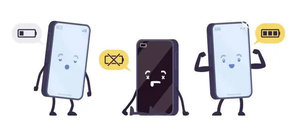 Vector illustration of Smartphone cartoon character set, full, low battery, dead