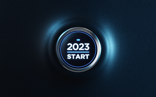 2023 start button on dashboard. Horizontal composition with copy space and selective focus. 2023 new year concept.