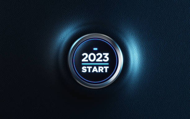 2023 car start button on dashboard;  2023 new year concept - beginnings imagens e fotografias de stock