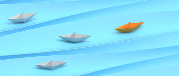 istock Leadership concept with orange paper ship. Success with a different journey on Blue. copy space, digital data, banner, website -3d Rendering 1423034089