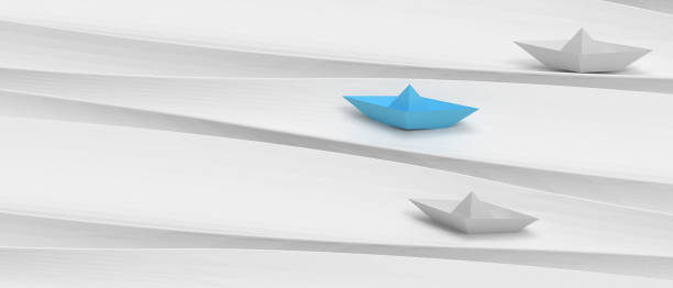 istock Leadership concept with Blue paper ship. Freedom and doing business in a different way on wave white. copy space, digital data, banner, website -3d Rendering 1423034098