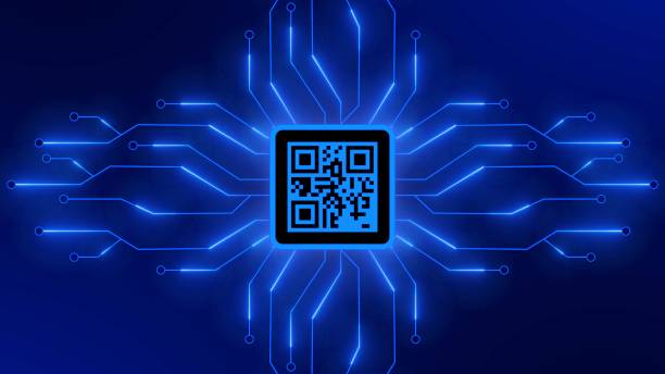 istock Image of QR code between information connecting lines in the middle on futuristic digital circuit technology background 1423034343