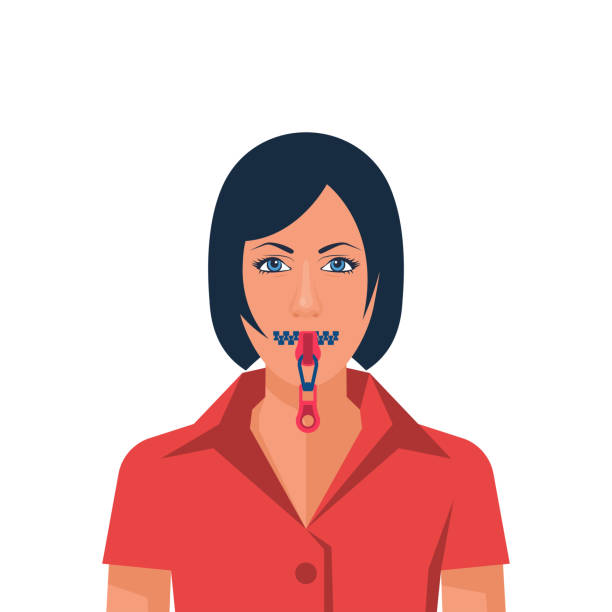 Mouth with zipper. Woman with an mouth closed. Remain silent. Mouth with zipper. Woman with an mouth closed. Remain silent. No comment. Lips on lock. Vector illustration flat design. Not conversations. Symbol of silence. keep calm and stock illustrations