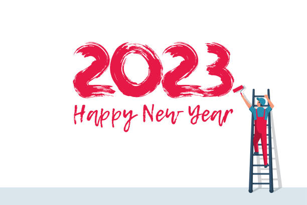 szczęśliwego nowego roku. ludzie na drabinach trzymają szczotki rolkowe i piszą numer 2023 - paint brushing house painter wall stock illustrations