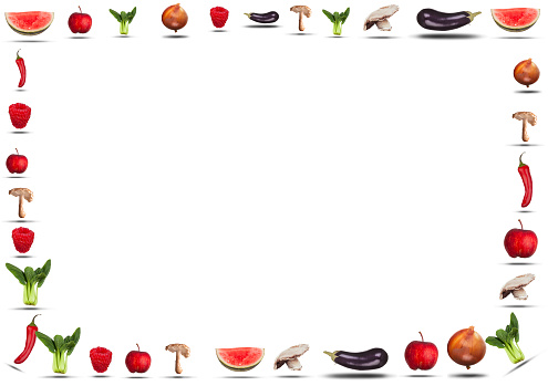 Fresh natural fruit and vegetables food border isolated on a white background. Apple, pak choi, aubergine, mushrooms, raspberry, chilli, watermolon, onion