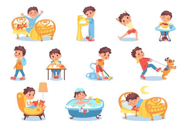 Cartoon boy character daily routine. Everyday activities. From morning to evening. Little child awakening and eating lunch. Teen reading book. Hygiene and studying. Splendid vector set Cartoon boy character daily routine. Everyday kids activities. From morning to evening. Little funny child awakening and eating lunch. Teen reading book. Hygiene and studying. Splendid vector set dog ate my homework stock illustrations