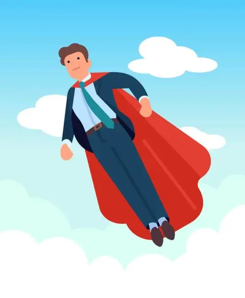 Vector illustration of Super worker flying in sky. Business employee jump with strength in career for success leader. Hero manager. Superman flight. Superhero businessman in red cloak. Vector illustration