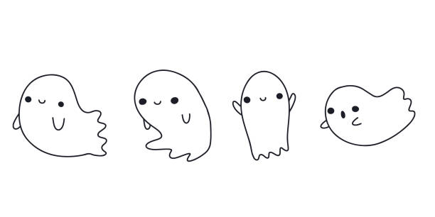 istock Doodle ghost. Halloween little ghost house in cute kawaii style. Funny smiling samhain ghosts set, spirit on white background. trick or treat stock cartoon image. 1423038580