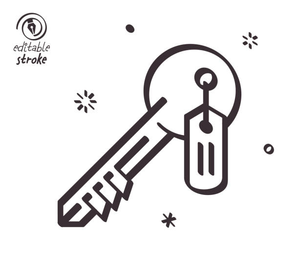 Playful Line Illustration for House Key Ring House key ring concept can fit various design projects. Modern and playful line vector illustration featuring the object drawn in outline style. It's also easy to change the stroke width and edit the color. car dealer icon stock illustrations