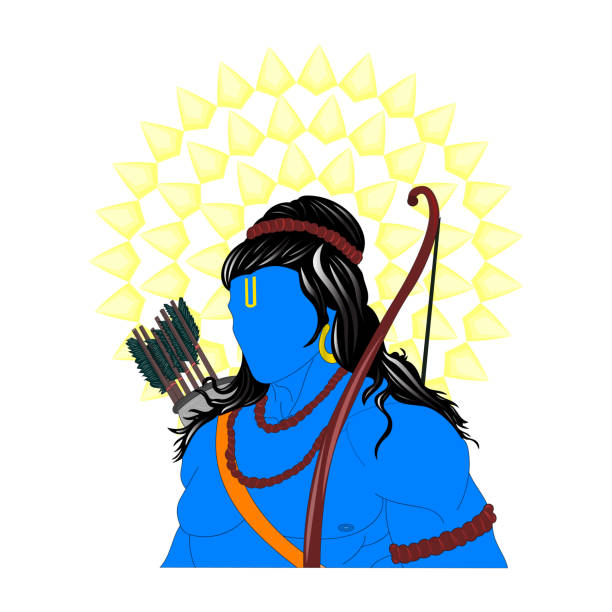 illustrazioni stock, clip art, cartoni animati e icone di tendenza di arte vettoriale di lord ram o rama colore del corpo azzurro con prugna persiana, arco color calice d'argento e frecce con rudraksh mala su sfondo di colore bianco. ram navami, dussehera festival celebrazione india. - rama