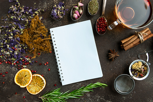 Directly above view of a notepad surrounded by a variety of herbal teas and spices like Purple tea, Corn silk tea, Ginger, Thyme, Dried orange slices, Anise tea, Cinnamon, Mint leaf, Melissa tea, Rosemary tea, Chamomile tea, red peppercorns and Rosemary.