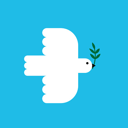 Minimalist white dove icon flying with olive branch. Peace symbol. Square banner. Concept of non violence, tolerance, equality. Vector illustration, flat design