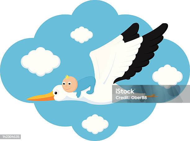 날아가는 황새 아기 남자아이 제공합니다 구름에 대한 스톡 벡터 아트 및 기타 이미지 - 구름, 귀여운, 그라데이션