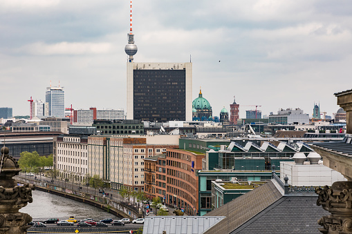 View from Reichstag to Spree river and TV tower near Alexanderplatz with cityscape of Berlin, Germany