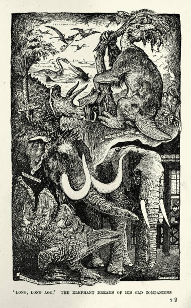 ilustraciones, imágenes clip art, dibujos animados e iconos de stock de elefante en un zoológico soñando con mamuts y dinosaurios, historias de animales victorianos, siglo 19 - prehistoric antiquity illustrations