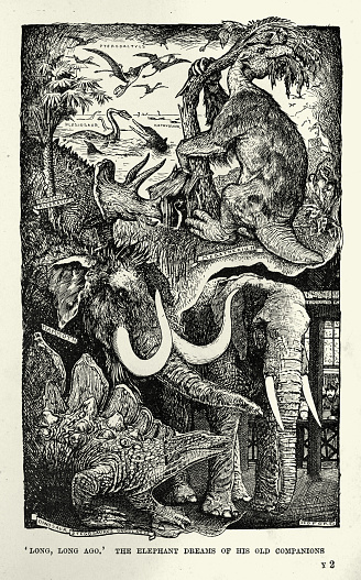 Vintage illustration Elephant in a zoo dreaming of mammoth and dinosaurs, Victorian animal stories, 19th Century