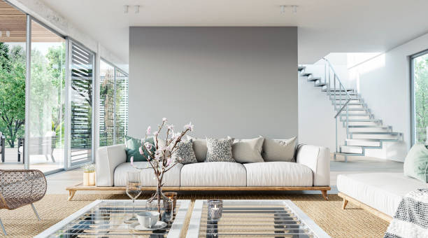 istock Cozy, luxury, and modern living room with sofa, windows and decoration 1423059898