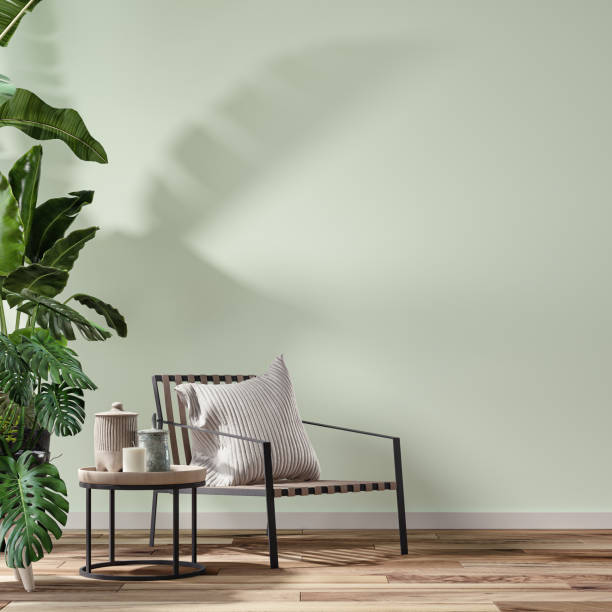 istock Empty cozy retro interior with a chair and potted plants, 70 - 80s decoration 1423060483