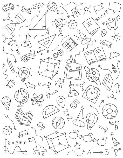 ilustraciones, imágenes clip art, dibujos animados e iconos de stock de fondo de garabato de boceto escolar. tamaño de línea de trazo editable vectorial. - yearbook