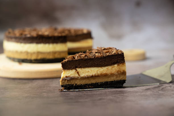 istock Triple chocolate layers baked cheese cake 1423063835