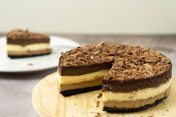 istock Triple chocolate layers baked cheese cake 1423064028