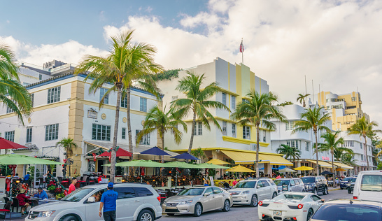 Miami Beach, FL, US-November 20, 2021: Art Deco hotels line Ocean Boulevard in the trendy South Beach area.